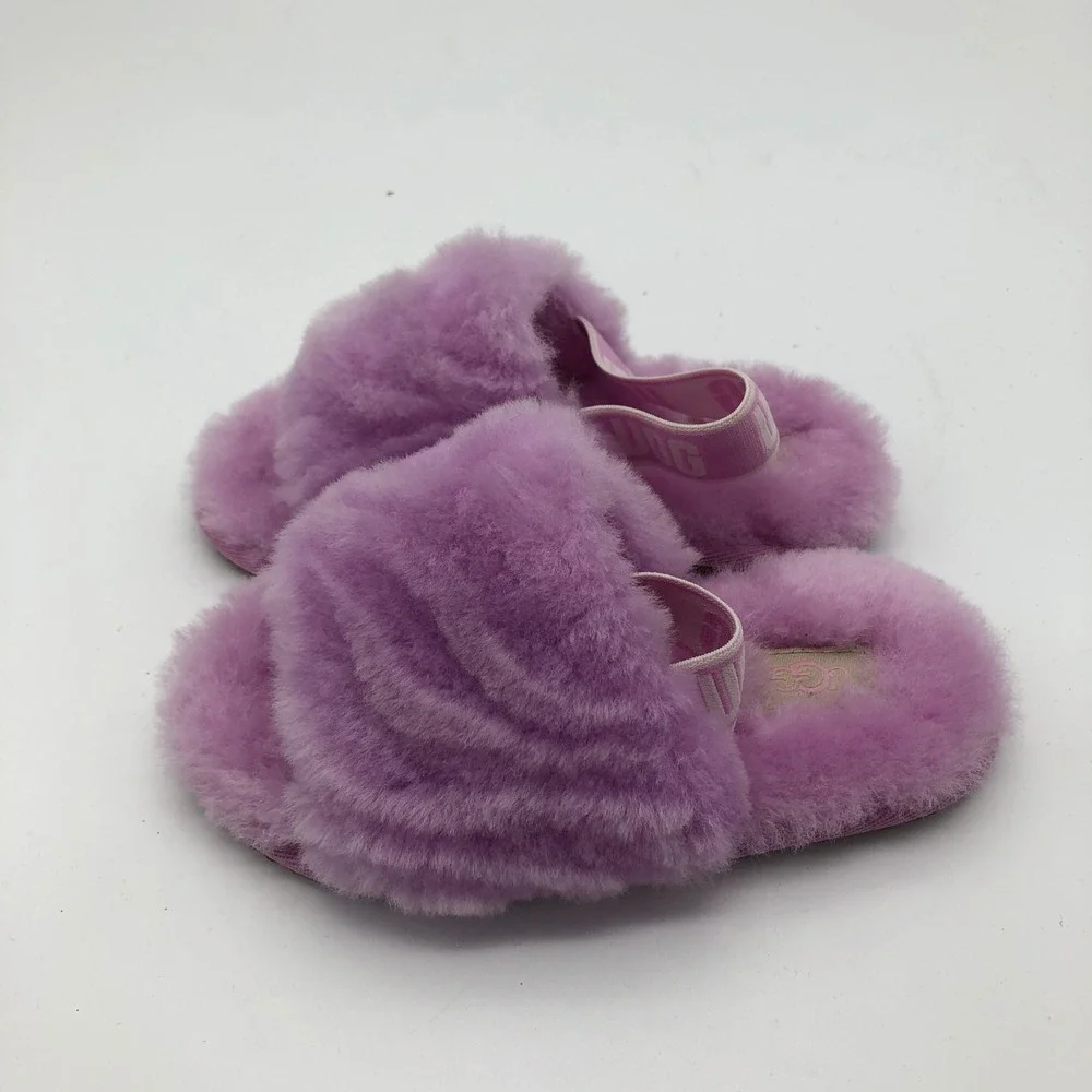 UGG Kids Girls Fluff Yeah Slide Purple Fluffy Slingback Sandals Size 10 ~17cm